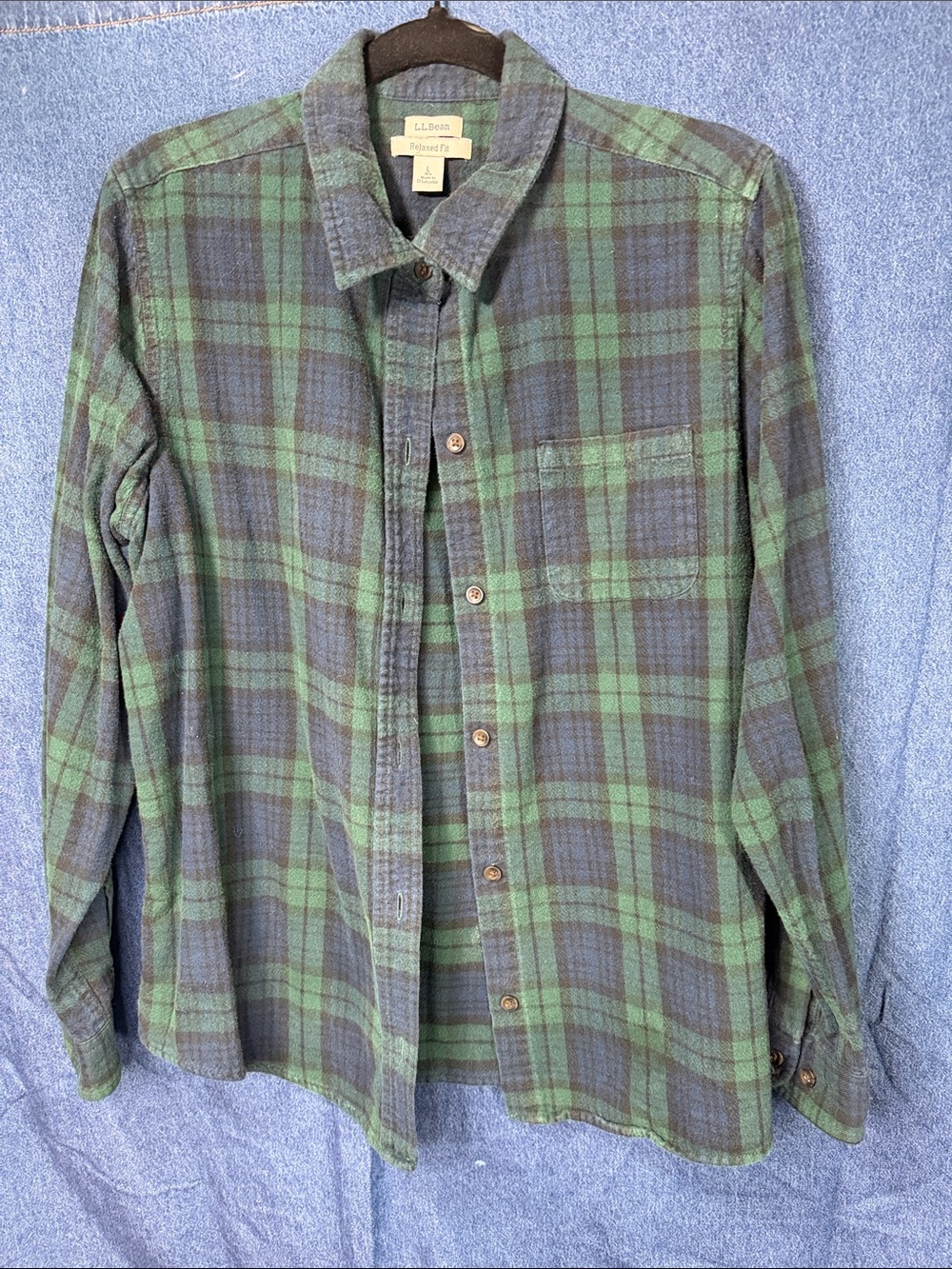 L.L. Bean Green and Navy Plaid Button-Down Shirt